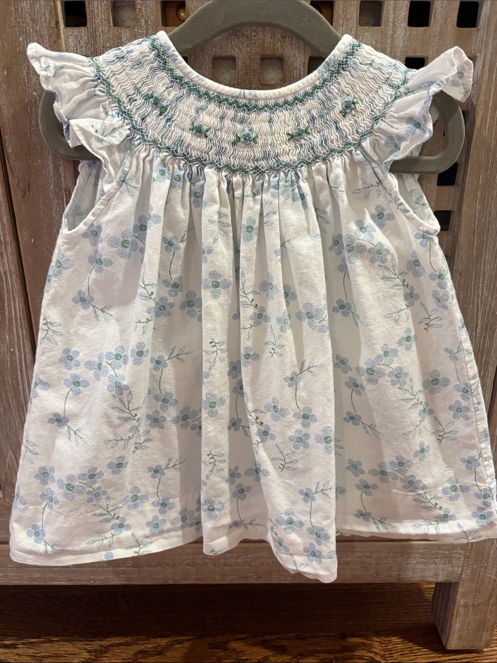 Carriage Boutique White Dress with Blue Floral and Green Smocking